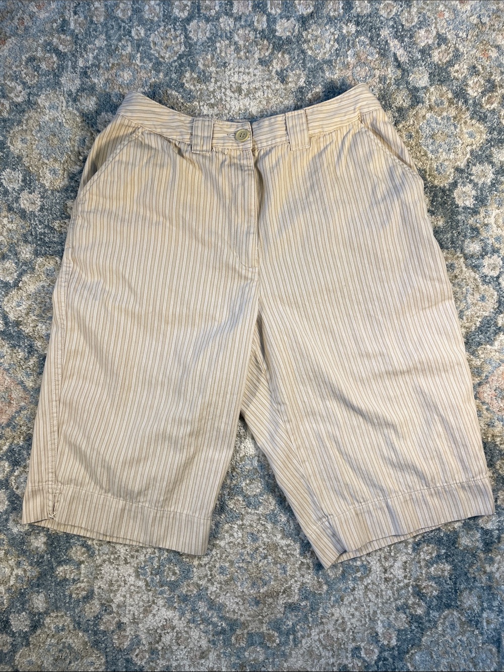 Karen Scott Beige Pinstripe Flat-Front Cotton Shorts